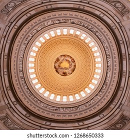 Washington, DC \ USA - June 25 2018: Wide Angle Panorama Of The Interior Of The Dome Of US Capitol Rotunda With 