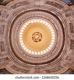 Washington, DC \ USA - June 25 2018: Wide Angle Panorama Of The Interior Of The Dome Of US Capitol Rotunda With 