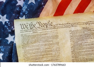 WASHINGTON D.C., USA - JUNE 25, 2020: Closeup Of A Replica Of U.S. Constitution Document Of Grunge American Flag On We The People Bill Of Rights