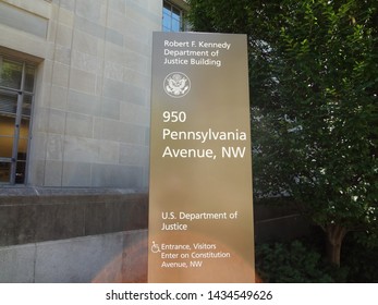 Washington, DC / USA - June 4 2019: Sign For Robert F. Kennedy Department Of Justice Building, 950 Pennsylvania Avenue, NW, U.S. Department Of Justice