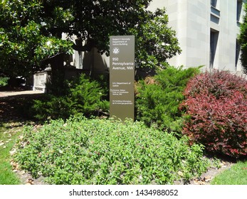 Washington, DC / USA - June 4 2019: Sign For Robert F. Kennedy Department Of Justice Building, 950 Pennsylvania Avenue, NW, U.S. Department Of Justice