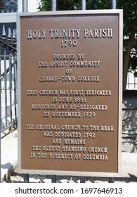 Washington DC, USA - June 4, 2019: Plaque With Info About The Holy Trinity Parish Church In Georgetown.