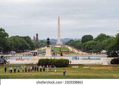 Washington DC, USA - June 9, 2019: View of the National Mall from the US Capitol building, Ulysses S Grant memorial and Washington Monument