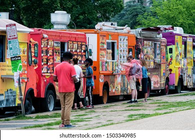 Washington DC, USA - June 9, 2019: Food Trucks And People On The National Mall