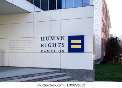 Washington, D.C., USA- March 1, 2020: Human Rights Campaign Headquarters Entrance In Washington, D.C., USA, The Largest LGBTQ Advocacy Group And Political Lobbying Organization In The United States.