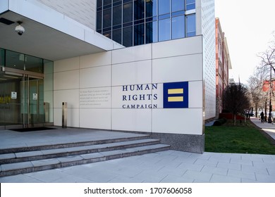 Washington, D.C., USA- March 1, 2020: Sign Of Human Rights Campaign Headquarters In Washington, D.C., USA, The Largest LGBTQ Advocacy Group And Political Lobbying Organization In The United States.