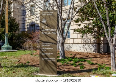 Washington D.C., USA - March 1, 2020: Sign Of United States Department Treasury And Internal Revenue Service (IRS) Outside Their Headquarters Building In Washington, D.C. USA.