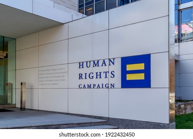 Washington, D.C., USA- March 1, 2020: Sign Of Human Rights Campaign Headquarters In Washington, D.C., USA, The Largest LGBTQ Advocacy Group And Political Lobbying Organization In The United States.
