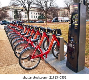 Washington, DC, USA. March 10, 2015. Capitol Bikeshare, A Bike Rental Service On Jefferson Ave SW