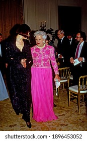Washington DC. USA, March 20, 1991
State Dinner for Polish President Lech Walesa. Broadway singer Karen Akers sang "Music of the Night" After her performance First Lady Barbara Bush escorts her 