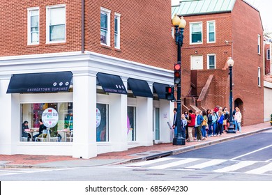 Washington DC, USA - March 20, 2017: Georgetown Cupcakes Famous Bakery Store Shop With Line Queue Of People Waiting To Order