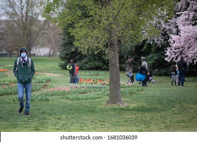 Washington, D.C. / USA - March 22, 2020: A Man Wears A Surgical Mask As He Walks Around The Tidal Basin During The COVID-19 Pandemic. Many Tourists Ignore Social Distancing Guidance From The CDC.