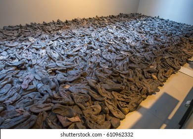 WASHINGTON, DC, USA - MARCH 23, 2017: United States Holocaust Memorial Museum. Exhibit Of Shoes Found At Majdanek Camp In Lublin, Poland At Liberation July 1944.