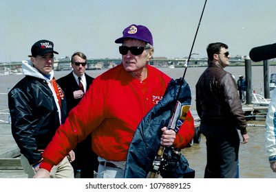 Washington, DC., USA, March 28, 1992
President George H.W. Bush Returns To The Boat Dock After Having Gone Bass Fishing On The Potomac River With A Bunch Of His Fishing Buddies