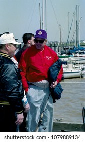 Washington, DC., USA, March 28, 1992
President George H.W. Bush Returns To The Boat Dock After Having Gone Bass Fishing On The Potomac River With A Bunch Of His Fishing Buddies