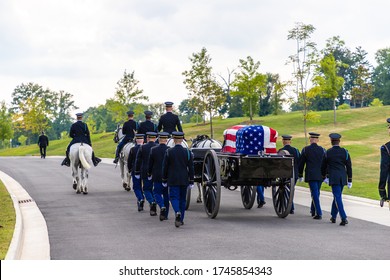 WASHINGTON DC, USA - MARCH 29, 2020: Military Burial Ceremony In Arlington National Cemetery In Washington DC, USA