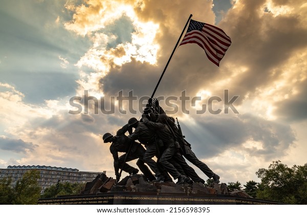 WASHINGTON DC, USA - MARCH 29, 2020:\
US Marine Corps War Memorial at sunset in Washington DC,\
USA