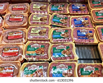 WASHINGTON DC, USA - MARCH 31, 2017: Packaged Sausages In The Meat Department At The Grocery Store.