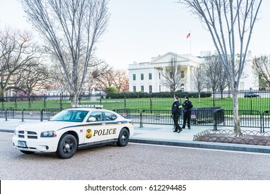 Washington DC, USA - March 4, 2017: White House With Secret Service Police Car And Men With Fence