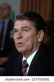 WASHINGTON DC, USA - MARCH 6, 1985 
US President Ronald Reagan During  A Question And Answer Session With Reporters In The Oval Office Regarding Signing A Veto On Legislation For The Farm Credit Bill