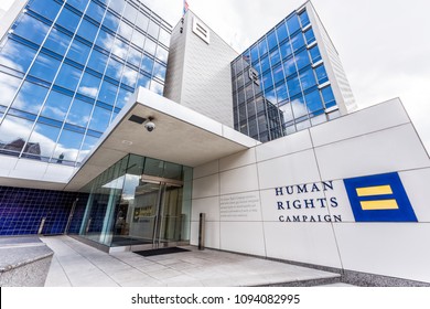 Washington DC, USA - March 9, 2018: Human Rights Campaign Office Building In Capital City Of United States With Sign, Doors Entrance