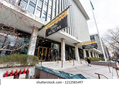 Washington DC, USA - March 9, 2018: National Geographic Museum Sign, Entrance With People Walking By Street And Building Exterior