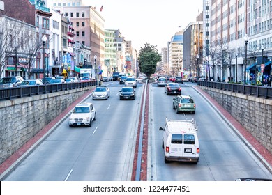 Washington DC, USA - March 9, 2018: Connecticut Avenue Street Road In Dupont Circle Neighborhood With Stores, Shops And Cars In Traffic In Winter Evening, Aerial High Angle View