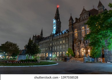 WASHINGTON DC, USA - MAY 1 2019 - Georgetown University Building At Night In Washington Dc View