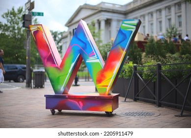 Washington, DC - USA - May 13, 2019: Street Art In Washington DC, Colorful W Letters On Sidewalk