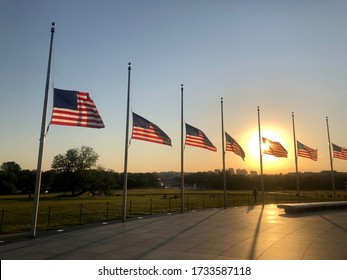 Washington, DC / USA - May 15, 2020:  Flags At Half-mast Around The Washington Monument On The National Wall In Washington DC In Honor Of Peace Officers Memorial Day As Part Of National Police Week.