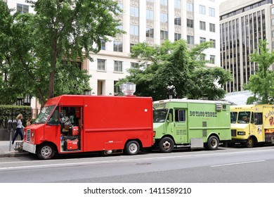 Washington, DC / USA  - May, 21, 2019 :  Food Trucks Lined Up In Washington, DC Near The National Mall.