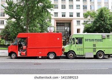 Washington, DC / USA  - May, 21, 2019 :  Food Trucks Lined Up In Washington, DC Near The National Mall.