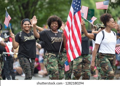 Washington, D.C., USA - May 28, 2018: The National Memorial Day Parade, Female Military Veterans Of The United States, Walking Down Constitution Avenue