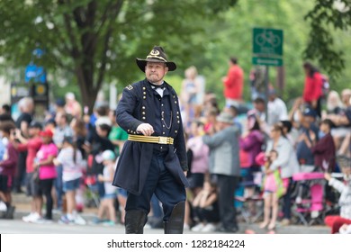 Washington, D.C., USA - May 28, 2018: The National Memorial Day Parade, Man Dress Up As Civil War Union Soldier, Walking Down Constitution Avenue