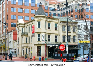 WASHINGTON DC, USA - NOV 24, 2018: H Street NW And Asian Spice Restaurant