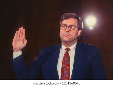 WASHINGTON, DC, USA - NOVEMBER 12, 1991:  William Barr, Nominee For U.S. Attorney General, Sworn In Before Senate Judiciary Committee.