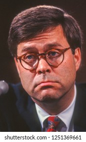 WASHINGTON, DC, USA - NOVEMBER 12, 1991:  William Barr, nominee for U.S. Attorney General, appears before Senate Judiciary Committee.
