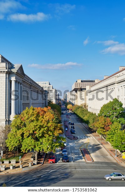 Washington,\
D.C., USA - November 13, 2017: Elevated view of the 10th Street NW.\
Building of the U.S. Department of Justice and the Office of\
International Affairs is on the right\
side.