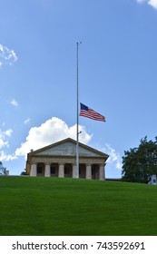 Washington D.C., USA Oct 25, 2017 :  American Flag At Half Mast At The The Robert E. Lee Memorial In Arlington National Cemetery.  Flag Was At Half Mast Due To The Las Vegas National Tragedy.  