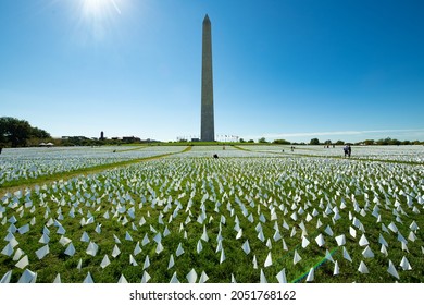 WASHINGTON, DC, USA - OCTOBER 1, 2021: An art installation on the National Mall in Washington DC honors victims of the pandemic.  Each white flag represents an American death from COVID-19.
