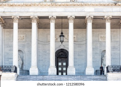 Washington DC, USA - October 12, 2018: US Congress Entrance Steps Stairs Front On Capital Capitol Hill, Columns, Pillars, Police Officer Secret Service Guard