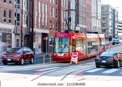 Washington DC, USA - October 12, 2018: Capital Red Bus Metrobus Metro Trolley Cable Car Tram Public Transport Vehicle On Capitol Hill H Street In City Road