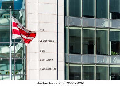 Washington DC, USA - October 12, 2018: US United States Securities And Exchange Commission SEC Architecture Modern Building Sign, Logo, Flag, Glass Windows