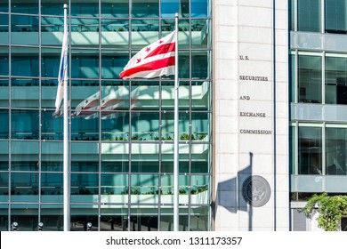 Washington DC, USA - October 12, 2018: US United States Securities And Exchange Commission SEC Architecture Modern Building Sign Logo Red Flag And Glass Windows