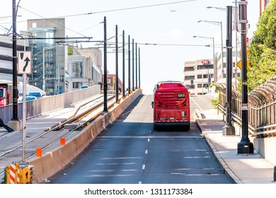 Washington DC, USA - October 12, 2018: Capital Red Bus Metrobus Metro Public Transportation Vehicle On Capitol Hill H Street In City Road