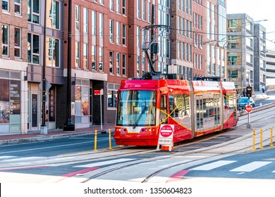 Washington DC, USA - October 12, 2018: Capital Red Bus Metrobus Metro Tram Trolley Cable Car Public Transport Vehicle On Capitol Hill H Street In City Road