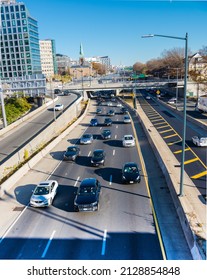 Washington DC, USA, October 13, 2020. Heavy Traffic On The Highway Of The Capital Of America On A Sunny Day.