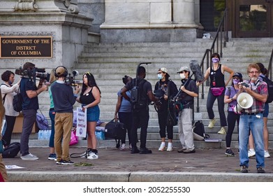 Washington, DC, USA - October 2, 2021: Anti-Abortion Counter Protesters Speak With The Media Across From The Women’s March At Freedom Plaza