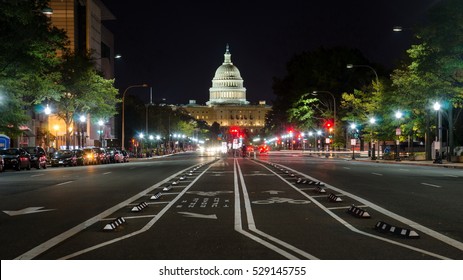 WASHINGTON DC, USA - OCTOBER 24, 2016: United States Capitol Washington Street View At Night