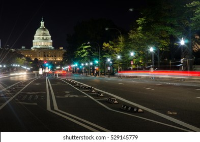 WASHINGTON DC, USA - OCTOBER 24, 2016: United States Capitol Washington Street View At Night